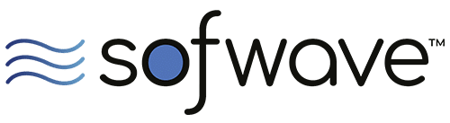Sofwave logo with three blue wave lines and a blue circle inside the 'o' of stylized lowercase text
