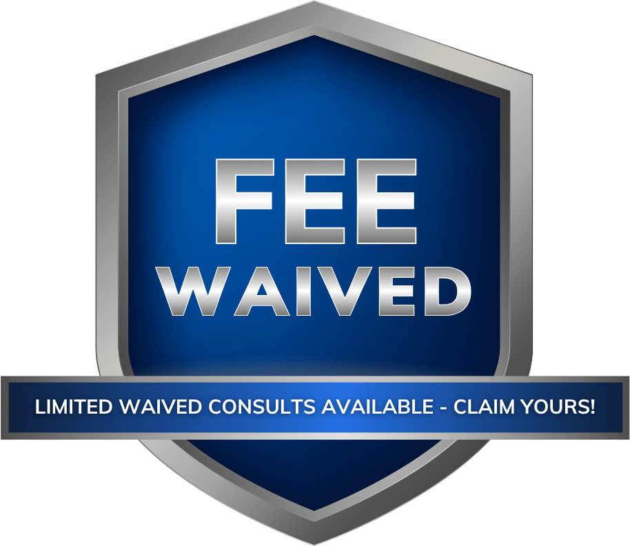 Blue and silver shield badge reading FEE WAIVED with banner Limited waived consults available - claim yours